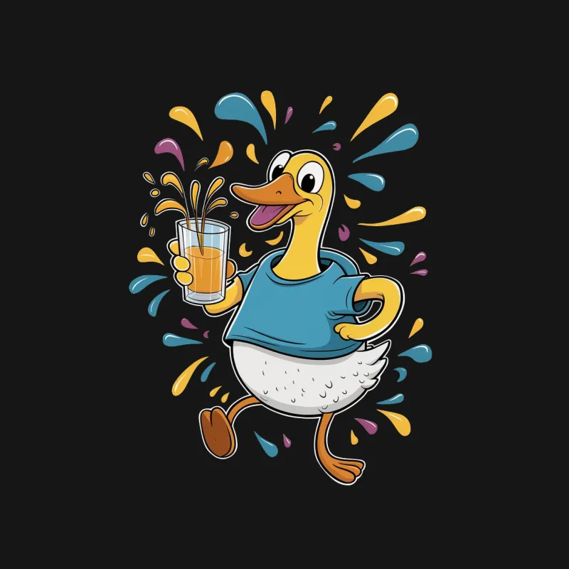 Duck Cartoon T-Shirt, Funny Duck Drinking Juice Graphic Tee, Colorful Summer Splash Design Male T-Shirt