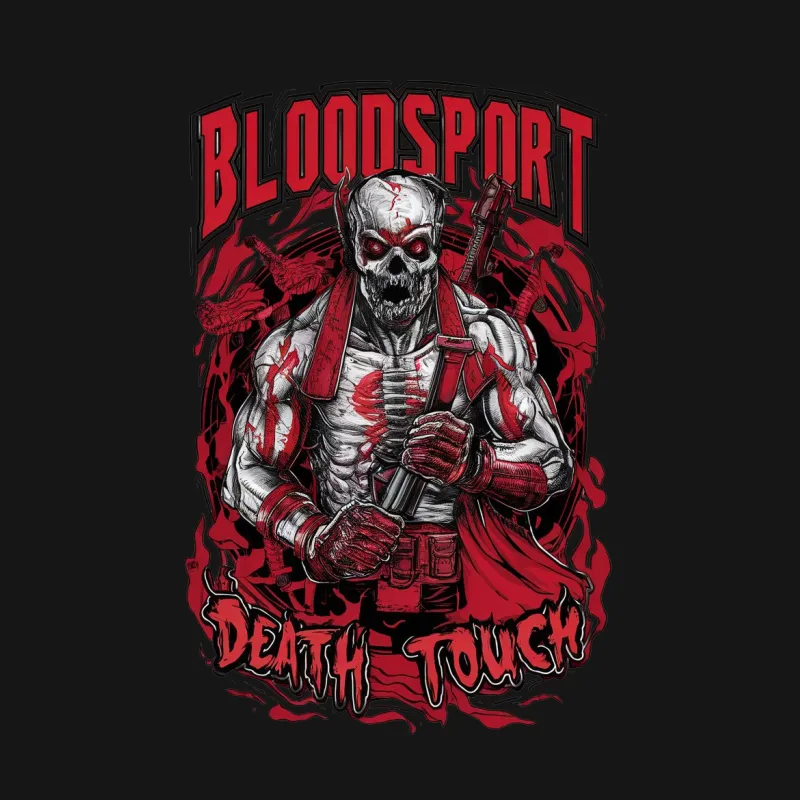 Bloodsport Death Touch T-Shirt, Red Graphic Skull Tee, Horror Skeleton Apparel Male T-Shirt