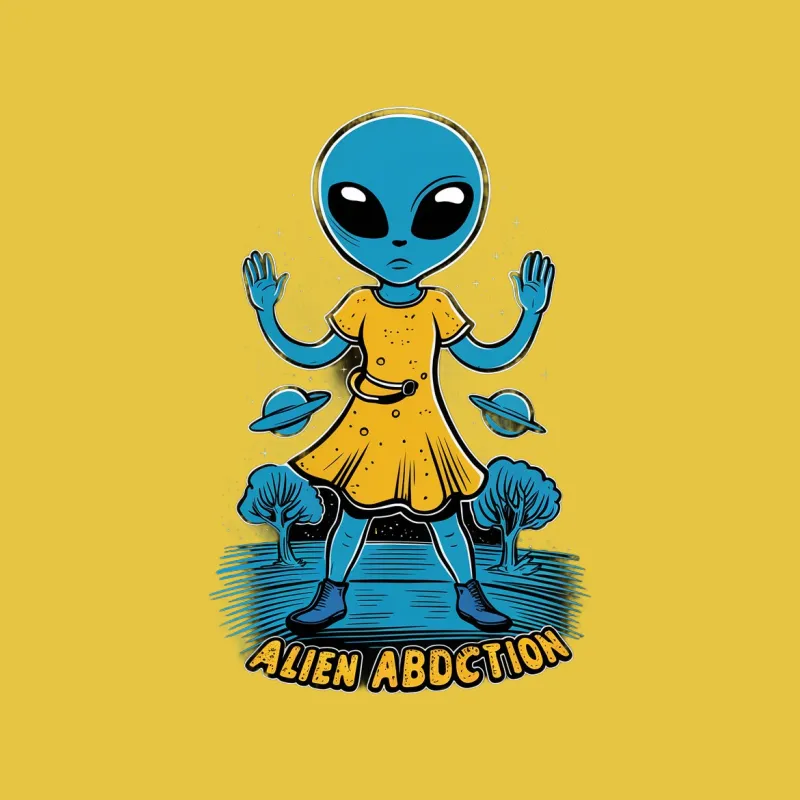 Alien Abduction Graphic T-Shirt, Blue Alien in Yellow Dress, UFOs and Trees Design Tee, Novelty Outer Space Clothing Male T-Shirt