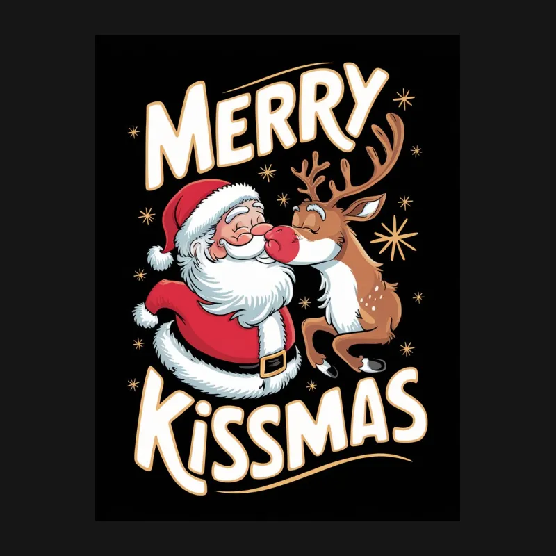 Merry Kissmas Santa and Reindeer Cute Christmas Holiday T-Shirt, Festive Xmas Tee, Fun Winter Apparel Male T-Shirt