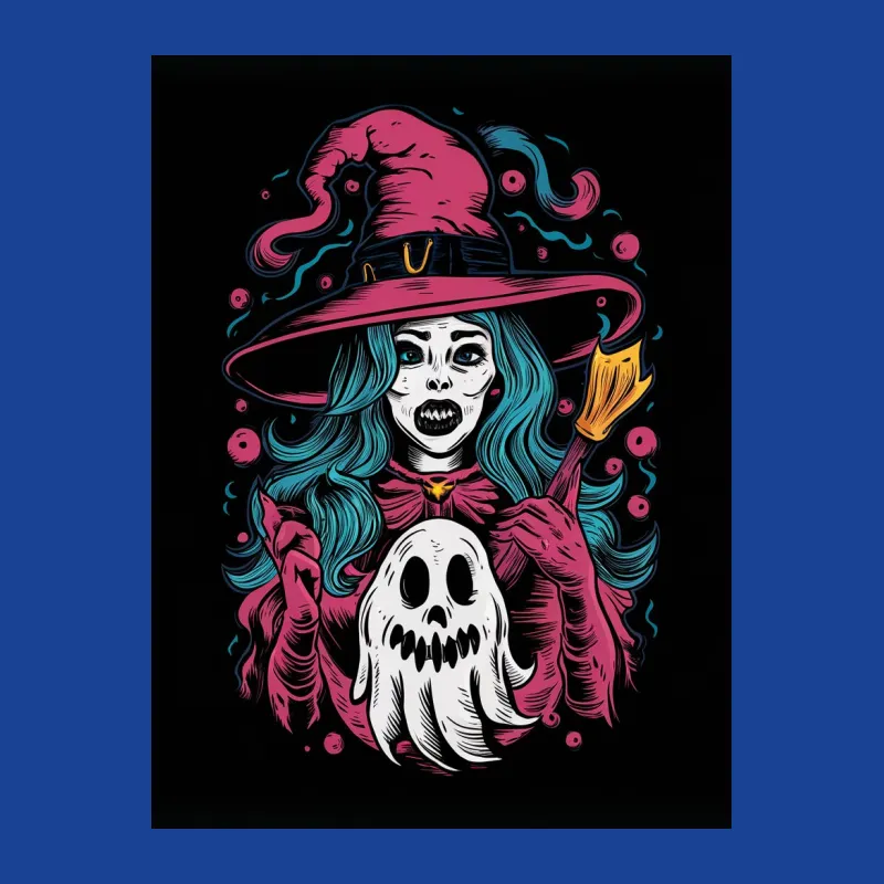 Witch and Ghost Halloween T-Shirt, Spooky Graphic Tee, Vibrant Skeleton Design, Unique Gift for Halloween Male T-Shirt