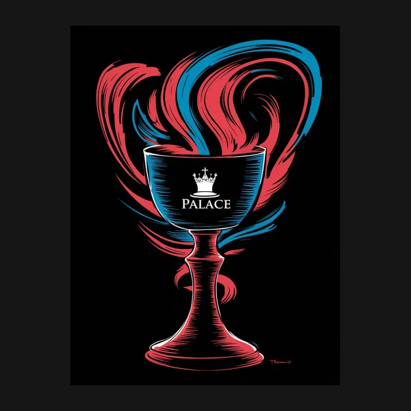 Palace Trophy Graphic T-Shirt, Retro Art Tee, Vintage Style Cup Design, Red and Blue Colors Male T-Shirt