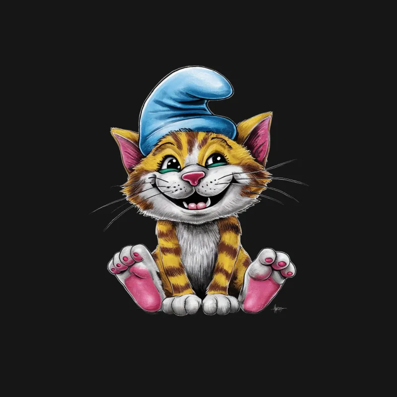 Cute Cartoon Cat T-Shirt, Smiling Tabby Cat with Blue Hat, Kids and Adults Unisex Tee Male T-Shirt