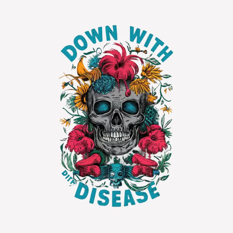 Down With Disease Skull Floral T-Shirt, Colorful Skull Graphic Tee, Unisex Floral Skull T-Shirt, Unique Skull Flower Design Shirt Male T-Shirt