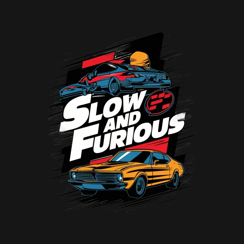 Slow and Furious Graphic T-Shirt, Retro Car and Spaceship Design, Unique Men's Tee Male T-Shirt