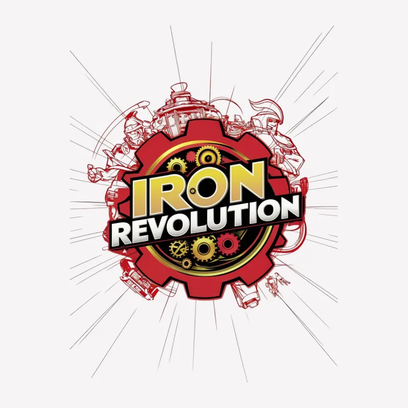 Iron Revolution Graphic T-Shirt, Retro Style Robot Theme, Red and White Tee Male T-Shirt