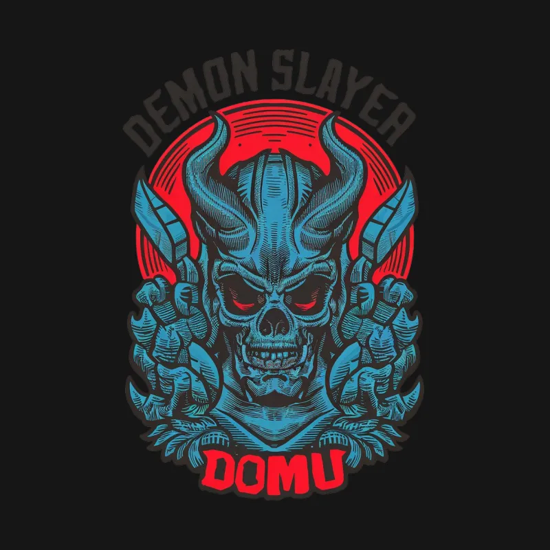 Demon Slayer Domu Graphic Tee, Skull and Horns Red Black T-Shirt, Unique Anime Inspired Shirt Design Male T-Shirt