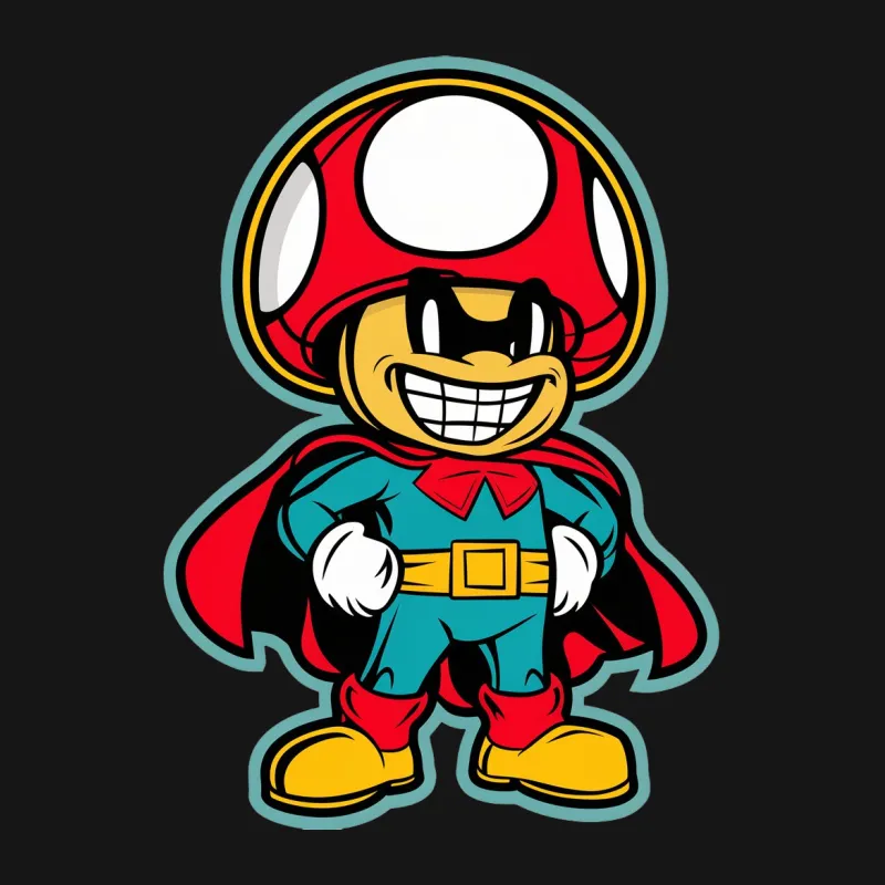 Superhero Cartoon Mushroom Character T-Shirt, Kids and Adults, Vibrant Red and Blue Female T-Shirt