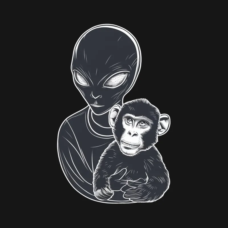 Alien and Monkey Graphic T-Shirt, Unique Sci-Fi Animal Illustration, Unisex Adult Clothing Male T-Shirt