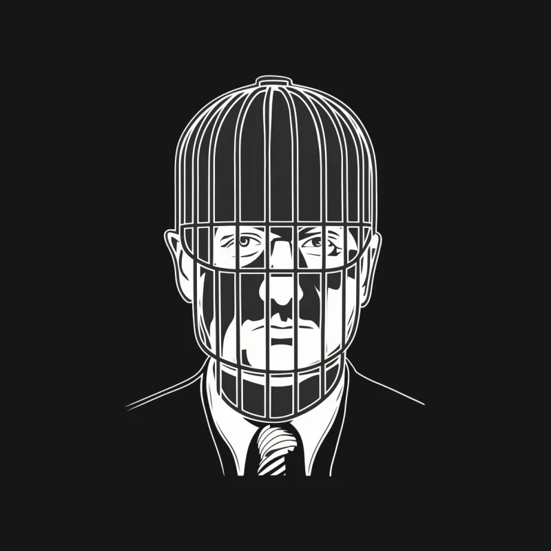 Abstract Cage Face Graphic T-Shirt, Bold Black and White Art Tee, Unique Surreal Portrait Design Shirt Male T-Shirt