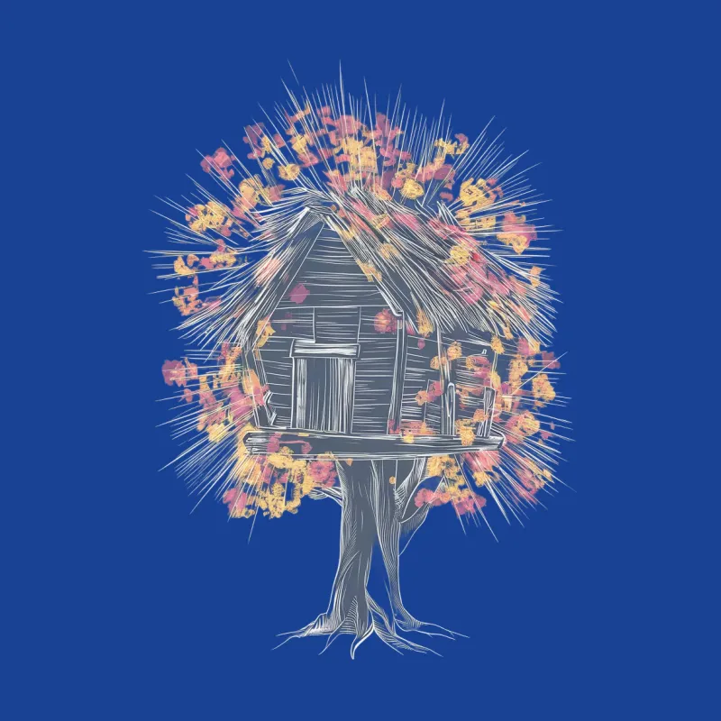 Whimsical Treehouse Graphic Tee, Unique Fantasy Art T-Shirt, Stylish Nature Lover Top Male T-Shirt