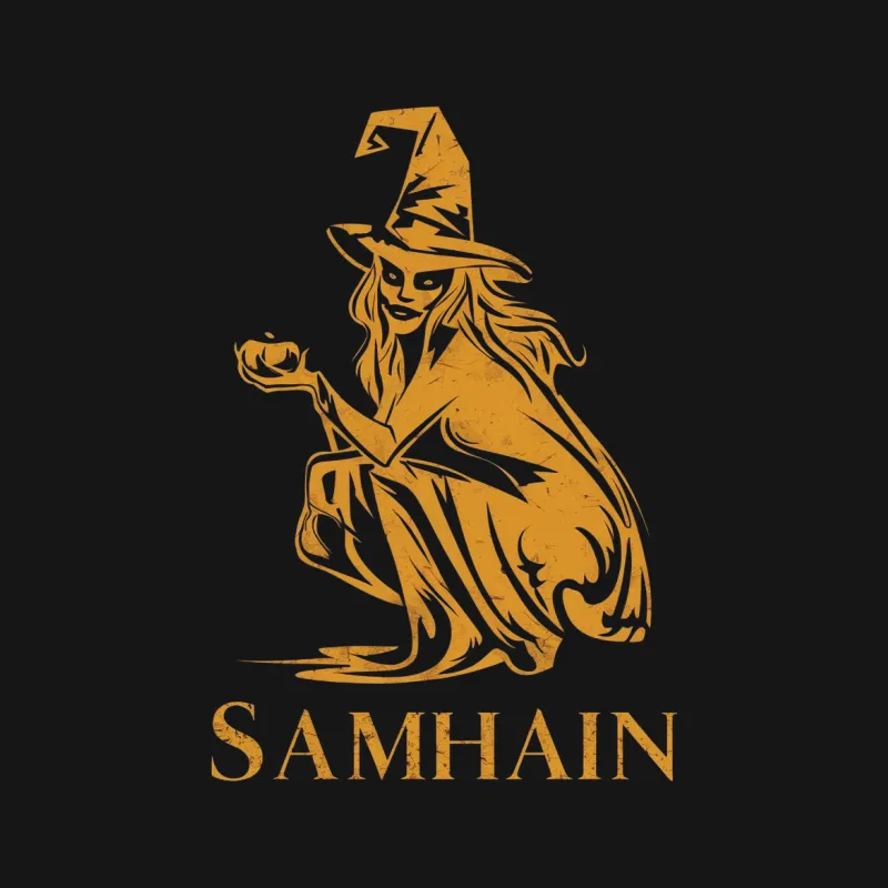 Samhain Witch Graphic T-Shirt, Halloween Witchy Tee, Orange Witch with Apple Design, Unisex Fall Apparel Female T-Shirt