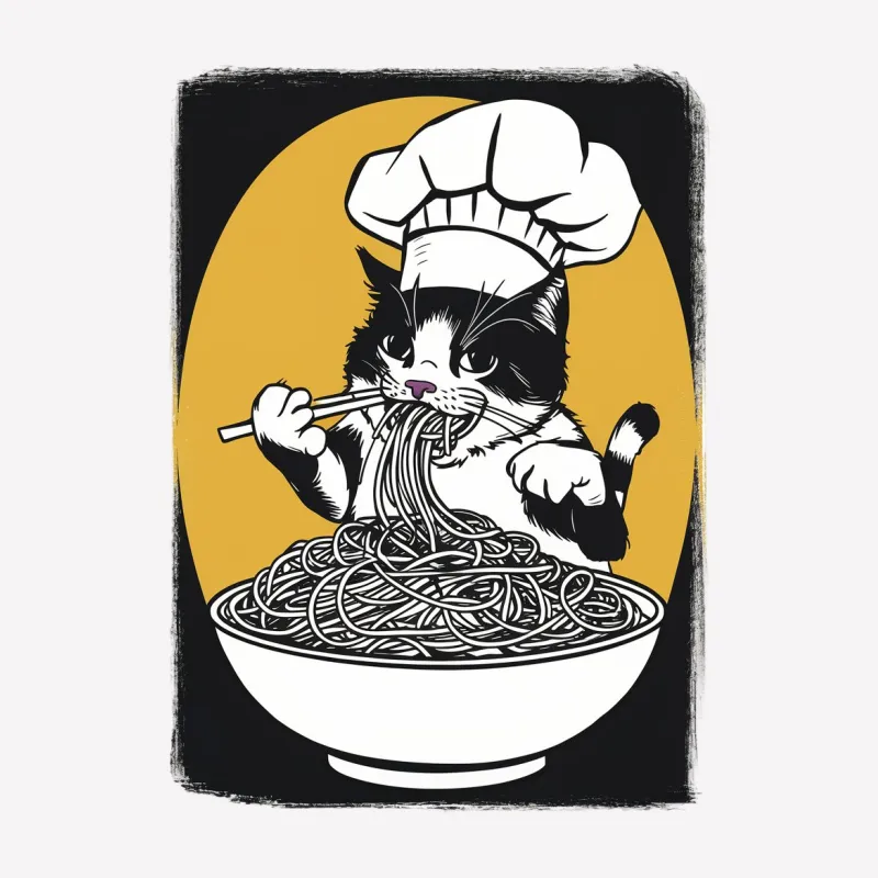 Chef Cat T-Shirt, Funny Cooking Cat Eating Spaghetti, Animal Lover Gift, Kitten Graphic Tee, Unisex Clothing Male T-Shirt