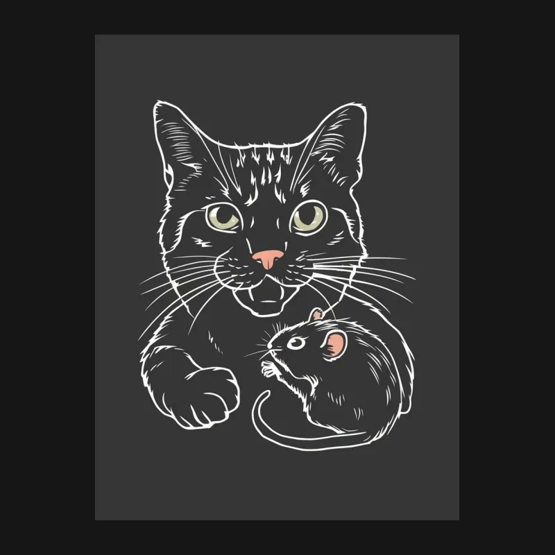 Black Cat and Mouse T-Shirt, Whimsical Animal Graphic Tee, Unisex Adult Clothing, Unique Illustration Shirt Design Male T-Shirt