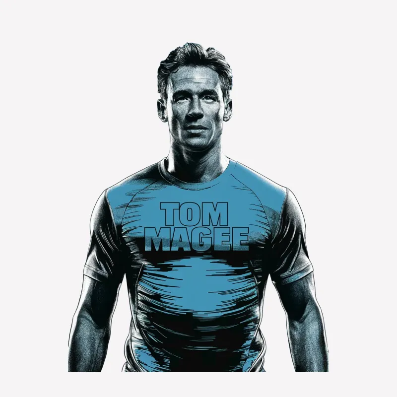 Tom Magee Graphic T-Shirt, Blue Athletic Men's Tee, Fitness Illustration, Unique Sports Apparel Male T-Shirt