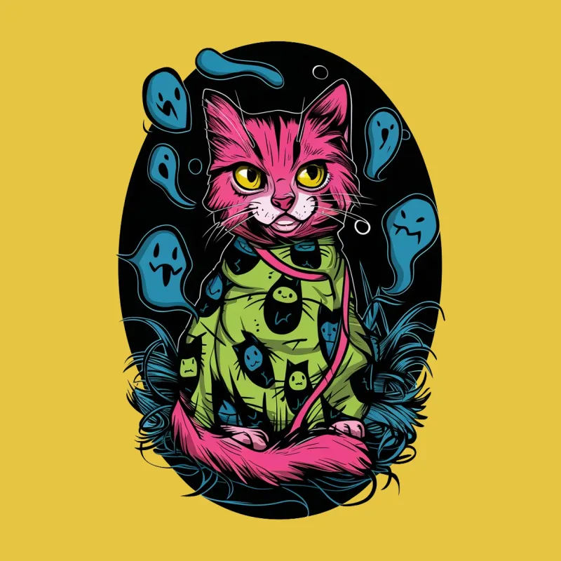 Neon Pink Cat with Ghosts Graphic T-Shirt, Halloween Cat Lover Gift, Spooky Cute Apparel Male T-Shirt