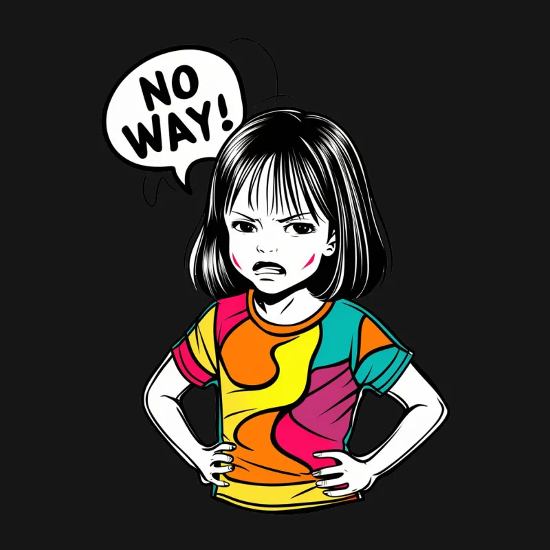 Colorful Pop Art Girl T-Shirt, Cartoon Style, Funny Facial Expression with Speech Bubble, Vibrant Tee Female T-Shirt