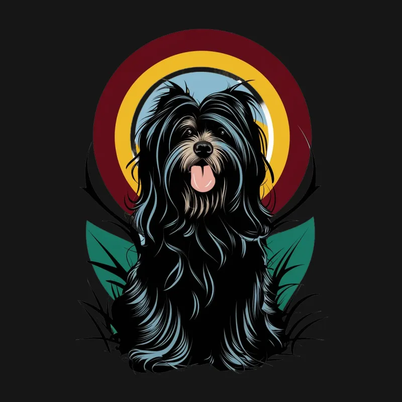 Colorful Vintage-Inspired Dog T-Shirt, Retro Style Black Shaggy Dog with Vibrant Background Female T-Shirt