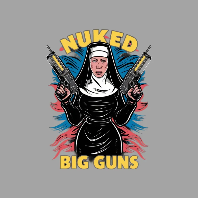 Nuked Big Guns Nun Graphic T-Shirt, Bold Colorful Nun Design Tee, Unique Statement Fashion Male T-Shirt