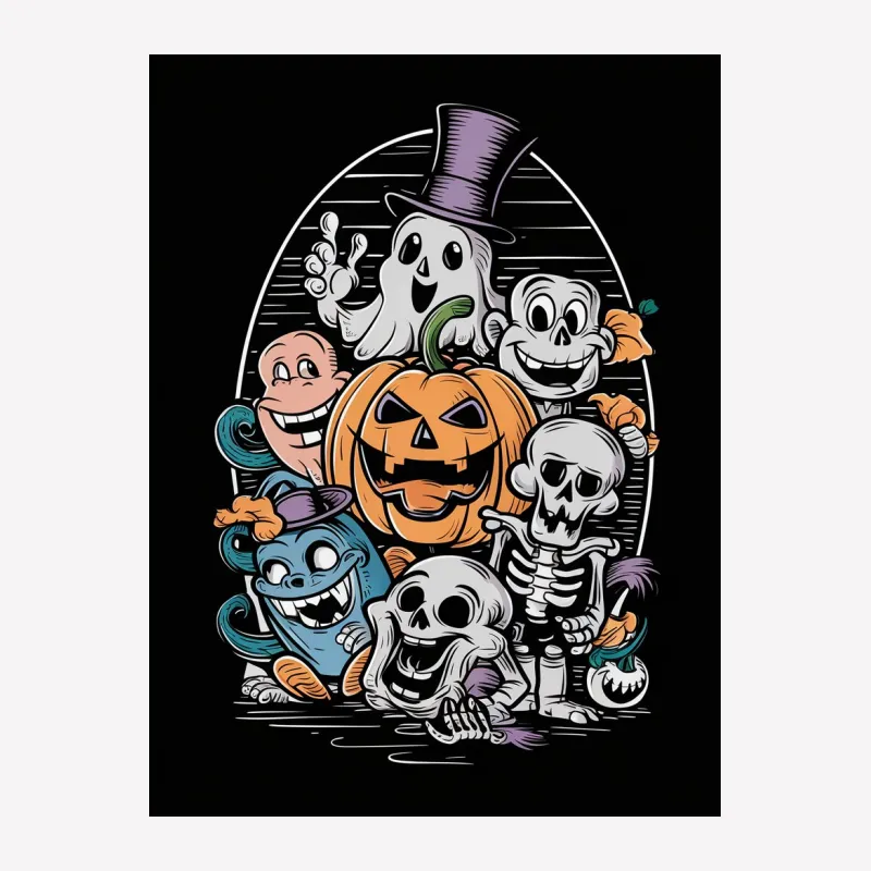 Halloween Party T-Shirt, Spooky Cartoon Ghosts and Pumpkins, Fun Skeleton and Bat Design, Kids and Adults Male T-Shirt