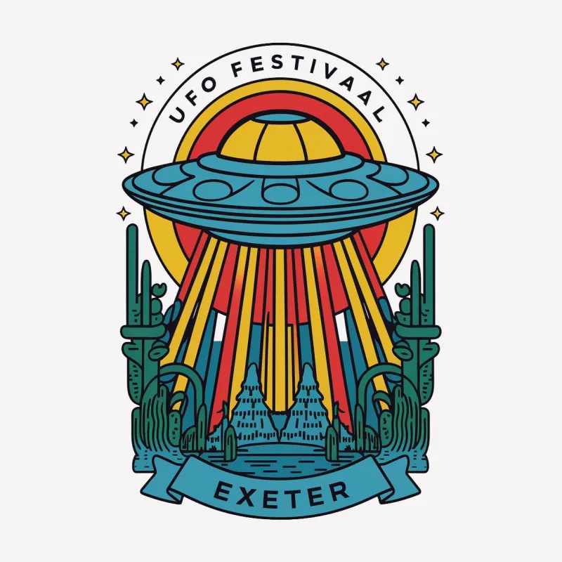 UFO Festival Exeter Graphic T-Shirt, Alien Spaceship and Desert Design, Vibrant Art Tee, Unique Sci-Fi Apparel Female T-Shirt