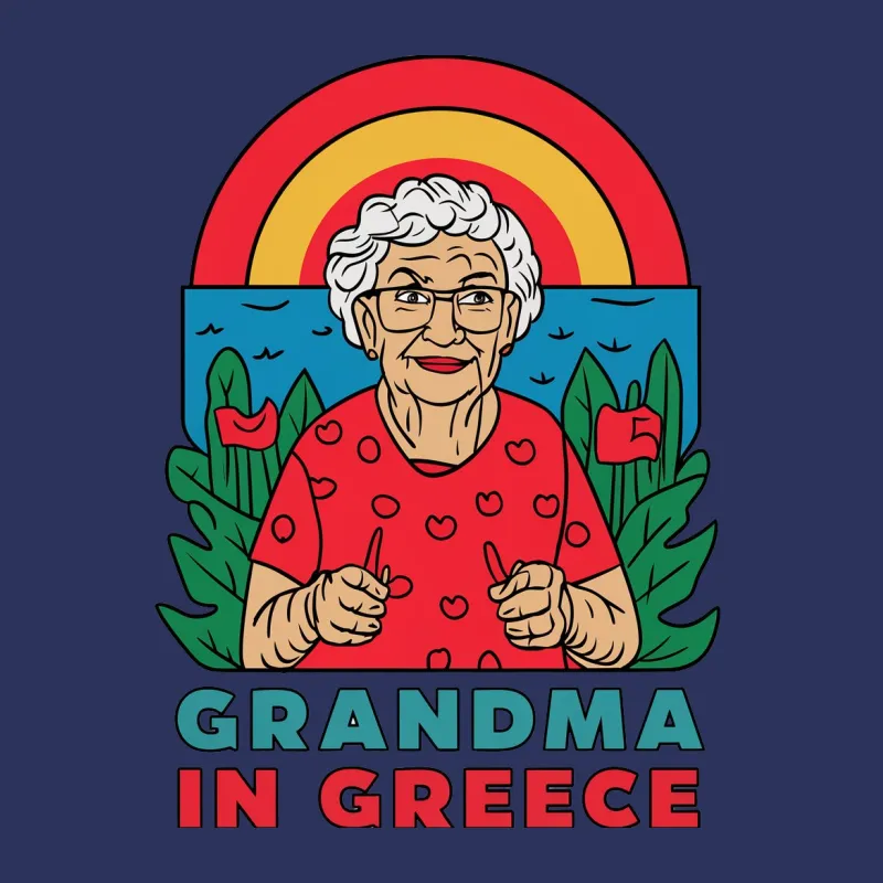 Colorful Grandma in Greece Graphic T-Shirt, Retro Rainbow and Nature Design, Perfect Gift Female T-Shirt