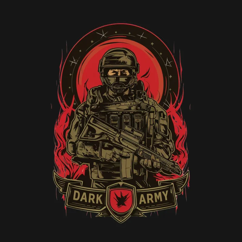 Dark Army Military Soldier Graphic T-Shirt, Vintage Soldier with Gun, Red Flames, Warrior Apparel Male T-Shirt