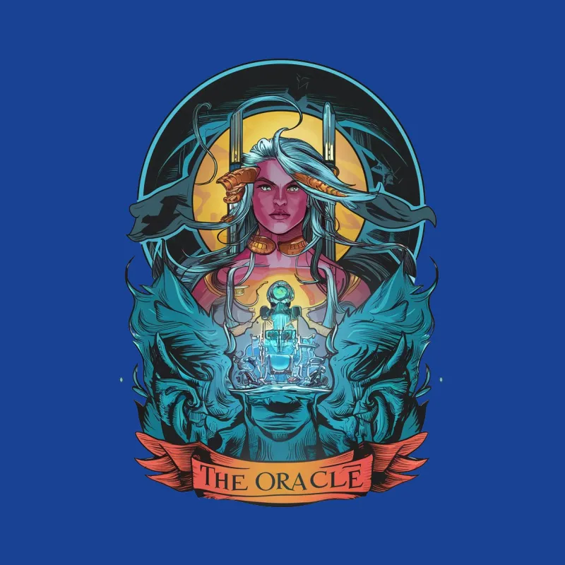 Vibrant Oracle Graphic T-Shirt, Mystical Woman with Blue Flames, Unique Fantasy Art Tee, Colorful Stylish Casual Wear Male T-Shirt