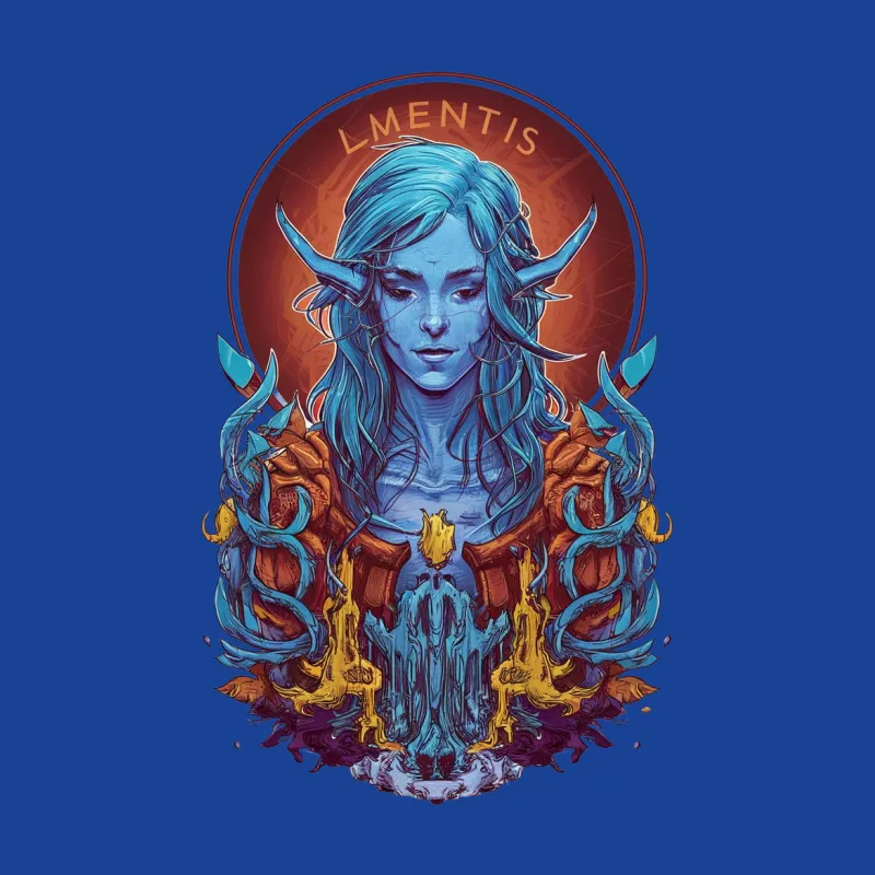 Fantasy Elf Warrior T-Shirt, Mystical Female Character Art, Blue and Orange Graphic Tee Male T-Shirt