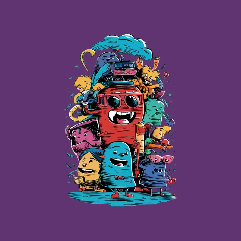 Colorful Cartoon Characters Stack Fun T-Shirt, Vibrant Kids Fantasy Apparel, Unique Graphic Tee for All Ages Male T-Shirt