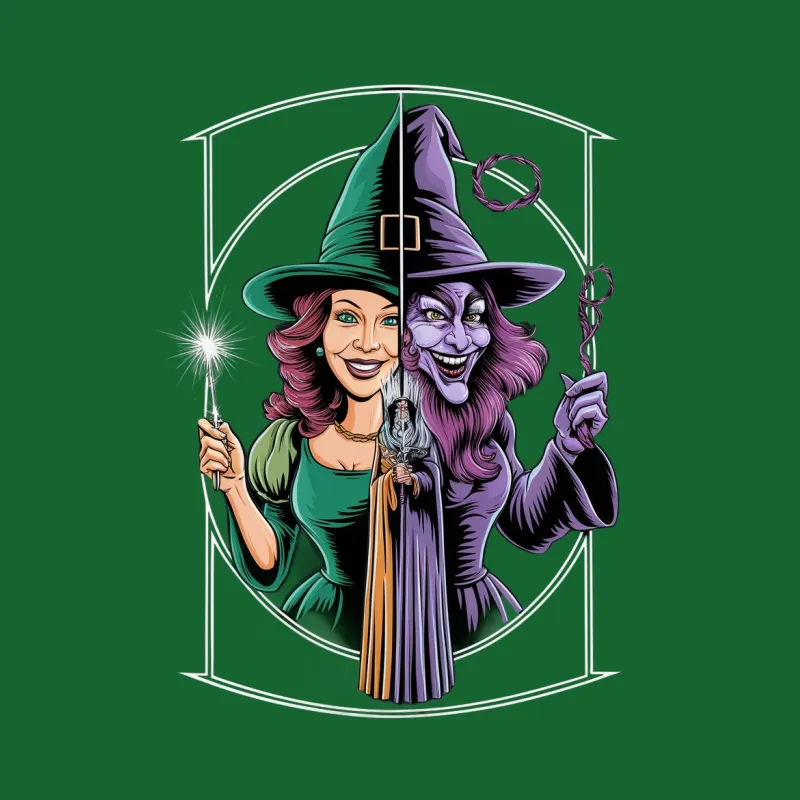 Dual Persona Witch Graphic T-Shirt, Halloween Witch Tee, Unique Fantasy Art Clothing, Green and Purple Witch Shirt Male T-Shirt