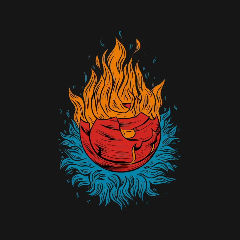 Vibrant Fireball Graphic T-Shirt, Red and Blue Flames Design, Unisex Casual Wear, Artistic Apparel Male T-Shirt