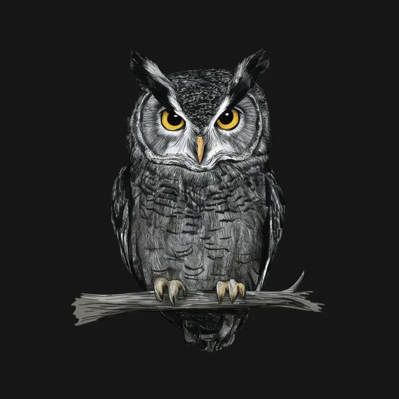 Men's Owl Graphic T-Shirt, Detailed Owl Illustration, Casual Black Tee, Nature Inspired Shirt, Unique Bird Design, Fashionable Streetwear Male T-Shirt