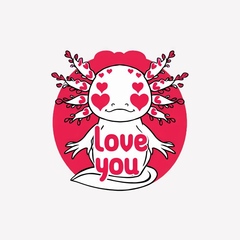 Cute Axolotl Love You T-Shirt, Valentine's Day Graphic Tee, Heart Pattern Amphibian Shirt, Unisex Casual Top Male T-Shirt