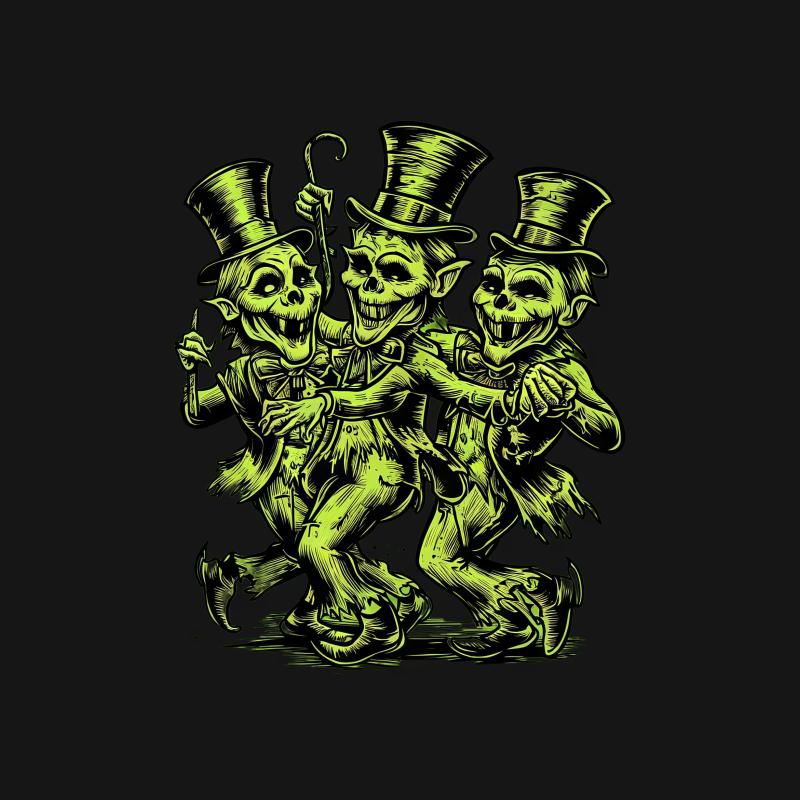 Gothic Dancing Skeletons Tee, Vintage Inspired Top Hat Skulls Shirt, Unisex Green and Black Graphic Tee Male T-Shirt