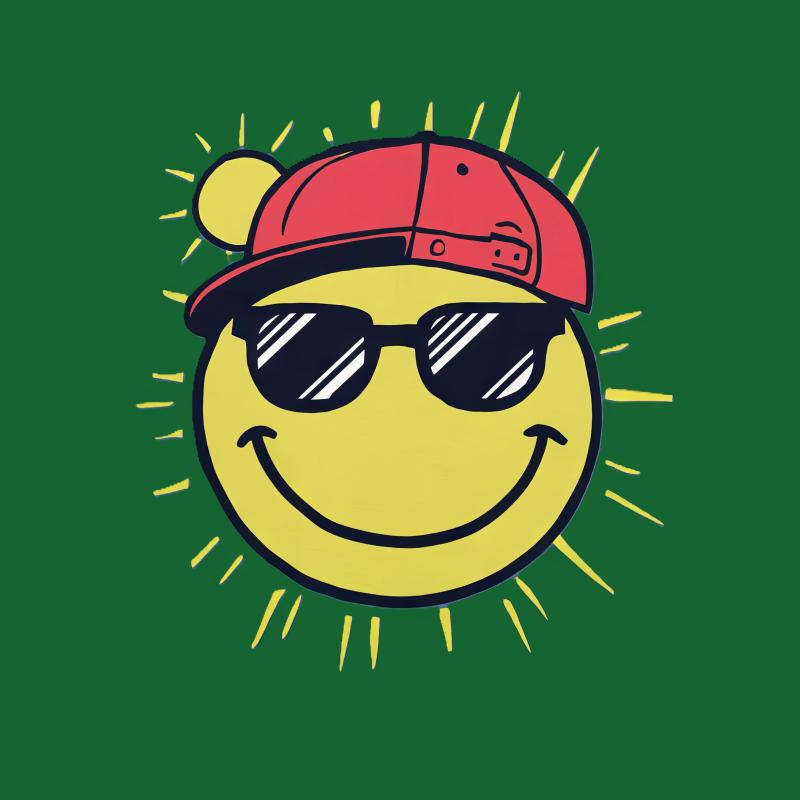 Cool Smiley Face with Sunglasses and Cap Graphic Tee, Unisex Yellow T-Shirt, Casual Streetwear Female T-Shirt