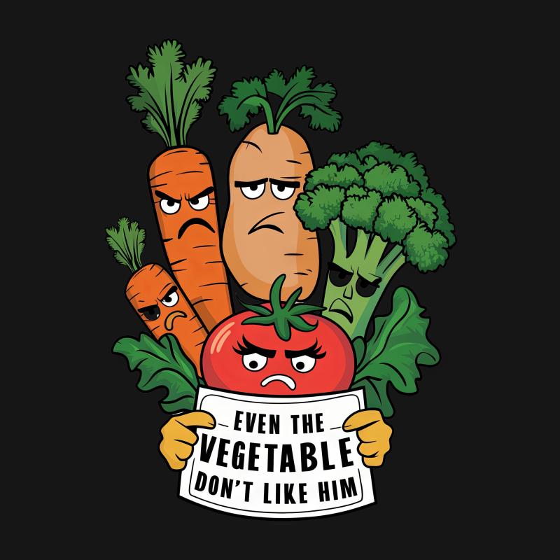 Angry Vegetables with Slogan T-Shirt, Even The Vegetable Don't Like Him, Colorful Veggie Humor Tee Male T-Shirt