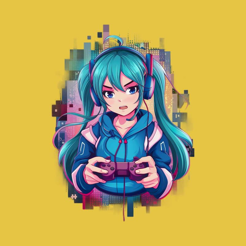 Anime Gamer Girl T-Shirt, Colorful Otaku Gaming Tee, Urban Cityscape Console Gamer, Cool Geek Fashion, Unisex Manga Graphic Shirt Female T-Shirt