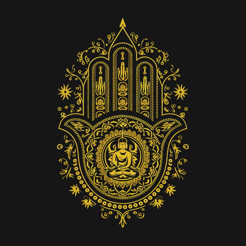 Golden Hamsa Hand T-Shirt, Spiritual Mandala Tee, Yoga Top, Boho Chic Fashion, Unisex Graphic Shirt, Gift Idea, Sacred Geometry Female T-Shirt