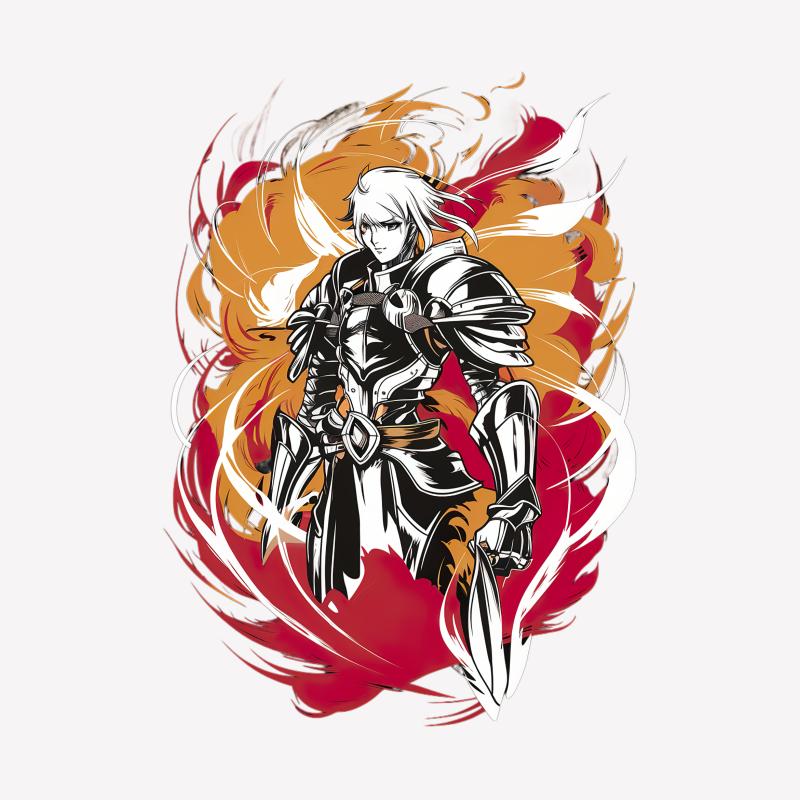 Anime Armor Warrior T-Shirt, Unisex Manga Style Tee, Graphic Fantasy Knight Shirt, Gift for Gamers, Cool Flame Design Female T-Shirt