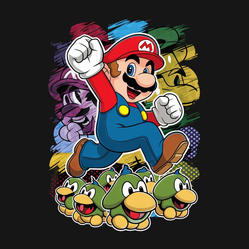 Colorful Animated Plumber Hero Graphic Tee, Fun Retro Video Game Character Shirt for All Ages Male T-Shirt