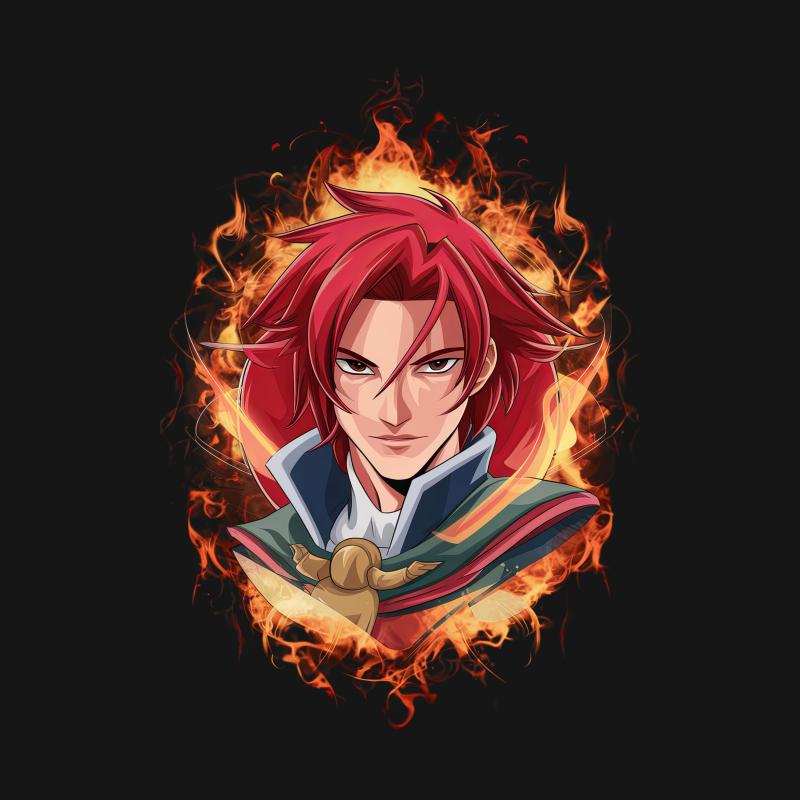 Anime Inspired Red-Haired Character with Flames Graphic T-Shirt, Unisex Manga Style Casual Tee, Cool Illustration Male T-Shirt