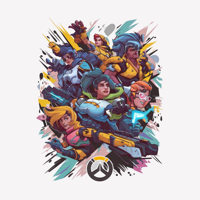 Colorful Overwatch Heroes Graphic Tee, Video Game Fan Art T-Shirt, Unisex Gaming Shirt Female T-Shirt