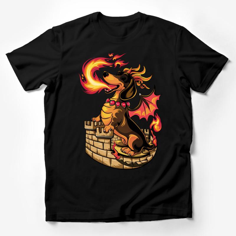 Fire-Breathing Dachshund T-Shirt, Fantasy Dragon Wiener Dog Tee, Cartoon Animal Lover Gift, Unisex Graphic Shirt Male T-Shirt