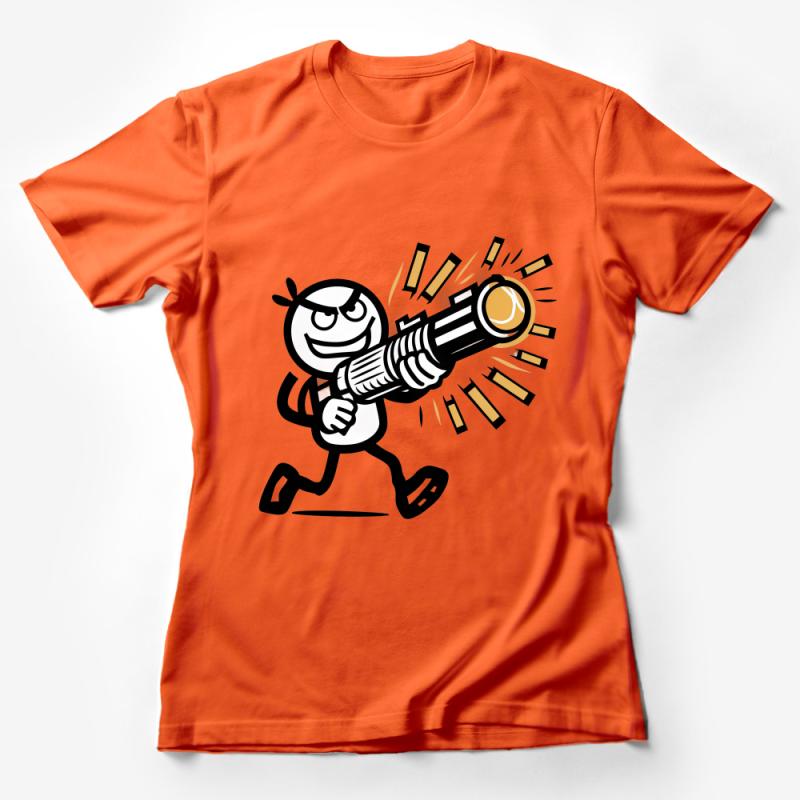 Funny Cartoon Character with Big Gun T-Shirt, Cool Comic Graphic Tee, Unisex Casual Top, Unique Gift Idea Female T-Shirt