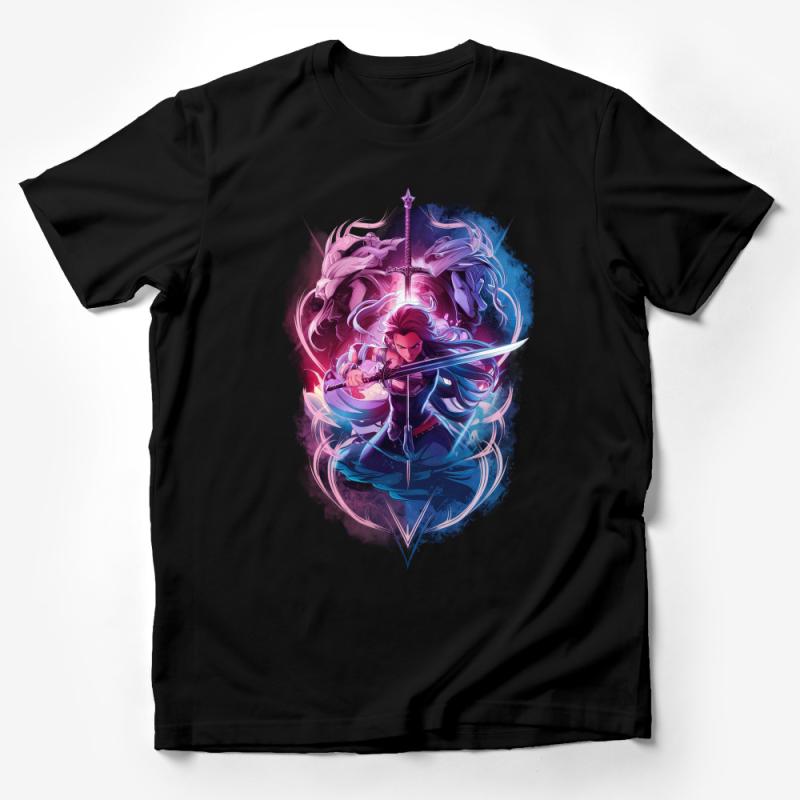 Fantasy Warrior Graphic T-Shirt, Colorful Battle Princess Tee, Artistic Female Knight Shirt, Unique Illustrated Apparel Male T-Shirt