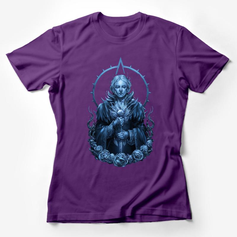 Fantasy Art Warrior Woman T-Shirt, Blue Sorceress Graphic Tee, Magic Themed Clothing, Unique Gift for Gamers Female T-Shirt