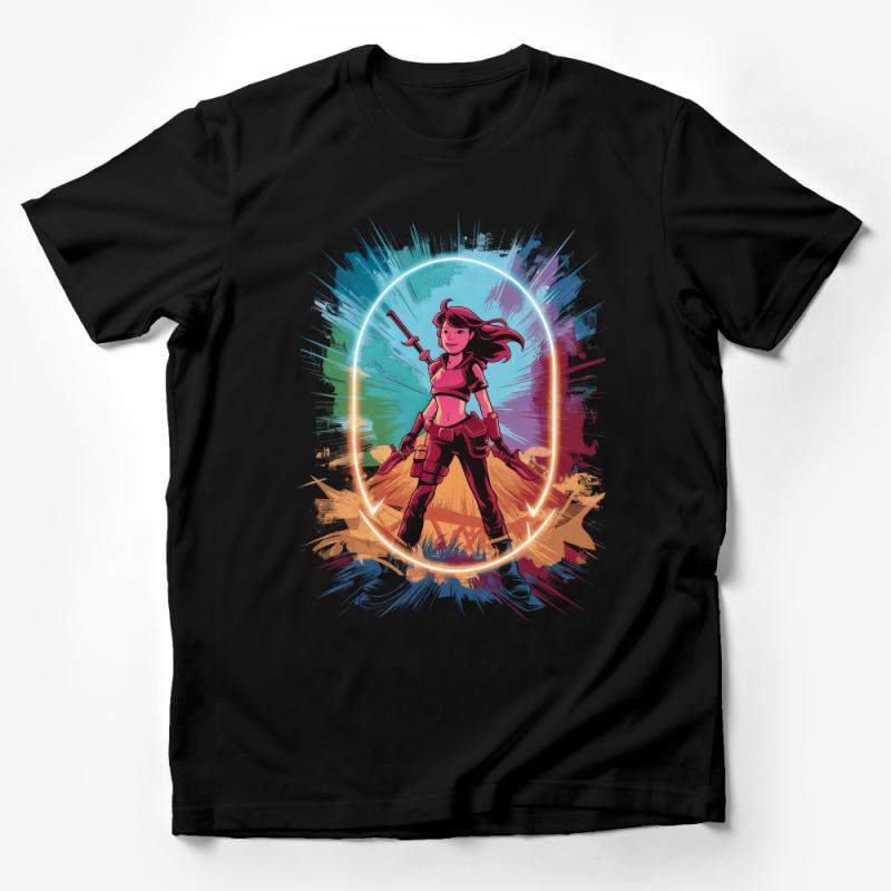 Sci-Fi Warrior Girl T-Shirt, Colorful Fantasy Art Tee, Unique Graphic Women's Shirt, Casual Geek Clothing Male T-Shirt