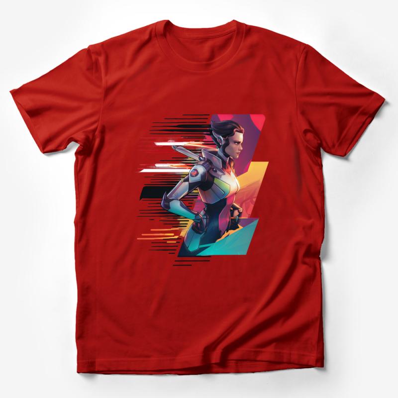 Women's Sci-Fi Warrior Graphic Tee, Vibrant Space Hero T-Shirt, Colorful Futuristic Apparel Male T-Shirt