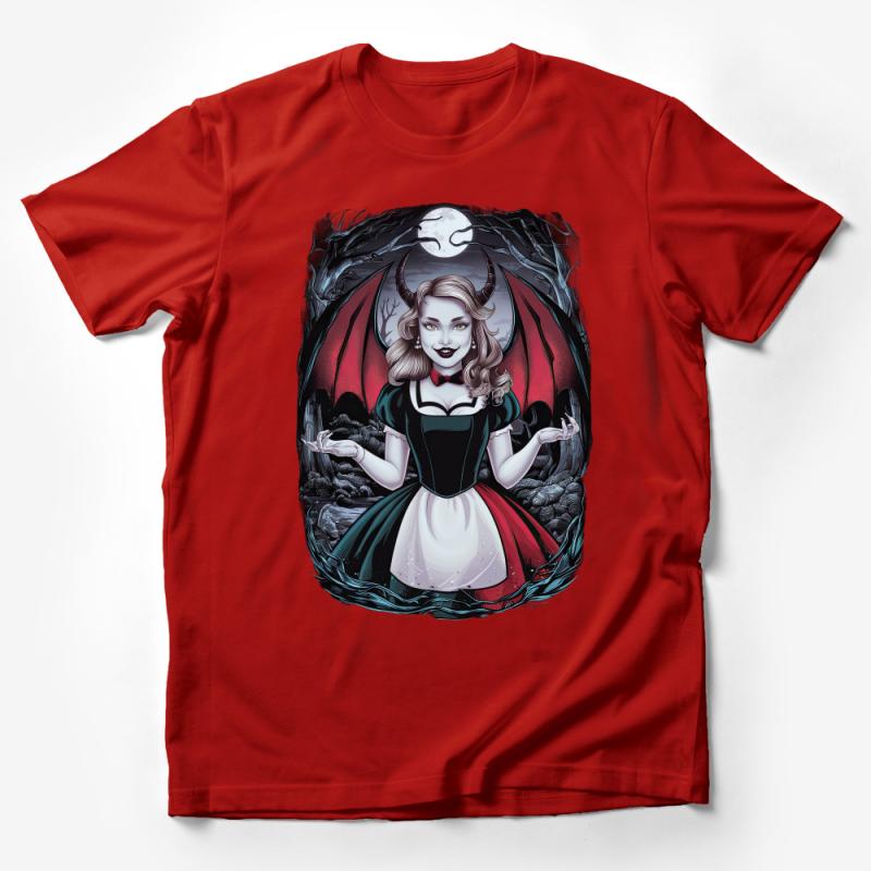 Gothic Fantasy Art T-Shirt - Elegant Demoness with Horns and Wings Design Male T-Shirt